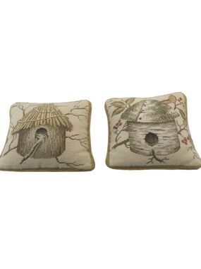 Katha Diddel Home Collection wool needlepoint pillows. Bird house sun room